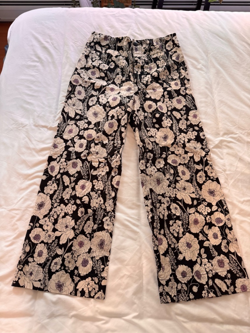 Maeve by Anthropologie Black and Cream Floral Pants with Purple Accents